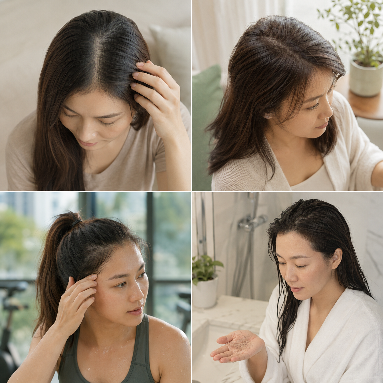 分界線、頭頂、馬尾髮際及洗髮掉髮四種生活情境